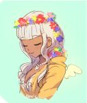  1girl :3 artist_name bangs blue_eyes blunt_bangs blush closed_eyes closed_mouth commentary cropped_torso danganronpa_(series) danganronpa_v3:_killing_harmony dark_skin eyebrows_visible_through_hair flower flower_wreath hair_flower hair_ornament head_wreath jewelry long_hair necklace qosic simple_background smile solo upper_body yonaga_angie 