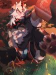  1boy abs animal_ears arknights bangs bara bare_shoulders black_shirt blood blood_splatter blood_stain bloody_clothes blurry_foreground blush brown_fur dog_boy dog_ears dog_tail embers feet furry highres holding holding_shield horns hung_(arknights) male_focus medium_hair multicolored_hair muscular muscular_male nipples orange_eyes orange_hair pectorals pelvic_curtain sharp_toenails shield shirt single_horn sitting sleeveless sleeveless_shirt streaked_hair tail tigermax toenails torn_clothes torn_shirt two-tone_fur white_fur white_hair yellow_eyes 