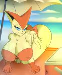  2021 4_fingers absurd_res anthro beach big_breasts big_butt big_ears bikini black_nose blue_eyes breasts butt butt_wings clothing eyelashes fangs female fingers fur hi_res legendary_pok&eacute;mon looking_at_viewer lost_lynx mammal nintendo pok&eacute;mon pok&eacute;mon_(species) seaside solo swimwear thick_thighs victini video_games wings yellow_body 