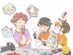  ! 1girl 2boys :d apple backwards_hat bangs baseball_cap black_headwear blush brown_gloves brown_hair bulbasaur camera chin_stroking closed_eyes commentary_request dratini dugtrio eyebrows_visible_through_hair female_protagonist_(new_pokemon_snap) fingerless_gloves food fruit gen_1_pokemon gloves hat holding legendary_pokemon magnemite male_protagonist_(new_pokemon_snap) mew moltres multiple_boys mythical_pokemon nagi_(exsit00) new_pokemon_snap open_mouth photo_(object) pikachu pointing pokemon pokemon_snap purple_shirt shirt short_hair short_sleeves smile spoken_exclamation_mark striped striped_shirt t-shirt teeth todd_snap tongue visor_cap white_background yellow_eyes 