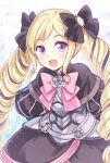  1girl :d armor armored_dress bangs black_bow black_dress blonde_hair blush bow dress elise_(fire_emblem) faulds fire_emblem fire_emblem_fates hair_bow highres kousetsu long_hair looking_at_viewer multicolored_hair open_mouth pink_neckwear purple_eyes purple_hair shiny shiny_hair smile solo standing two-tone_hair very_long_hair 