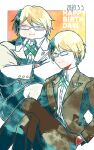  2boys bangs blonde_hair blue_eyes brown_jacket brown_pants closed_mouth collared_shirt commentary_request crossed_arms crossed_legs danganronpa:_trigger_happy_havoc danganronpa_(series) danganronpa_2:_goodbye_despair dated dress_shirt fat fat_man glasses hand_in_pocket happy_birthday jacket kiri_(2htkz) long_sleeves looking_at_viewer male_focus multiple_boys necktie pants school_uniform semi-rimless_eyewear shiny shiny_hair shirt short_hair sitting smile spoilers standing togami_byakuya togami_byakuya_(danganronpa_2) under-rim_eyewear white_background white_jacket 