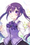  1girl bangs black_skirt blush collared_shirt eyebrows_visible_through_hair floating_hair gochuumon_wa_usagi_desu_ka? hair_between_eyes hair_ornament hairclip highres holding kousetsu long_hair long_sleeves looking_at_viewer open_mouth purple_eyes purple_hair purple_neckwear purple_vest rabbit_house_uniform shiny shiny_hair shirt skirt solo standing tedeza_rize very_long_hair vest white_shirt wing_collar 