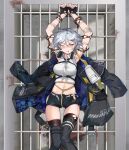  1girl absurdres barbed_wire bdsm belt belt_removed blood blush bondage bound cowboy_shot fingerless_gloves girls_frontline gloves guangmi headphones highres jacket jacket_on_shoulders midriff one_eye_closed open_mouth pain prison_cell restrained short_hair short_shorts shorts silver_hair skindentation solo svch_(girls_frontline) tears thighhighs tied_up yellow_eyes 