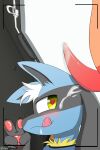  &lt;3 &lt;3_eyes 2:3 absurd_res anthro anthro_on_anthro blue_body blue_fur bodily_fluids charmeleon cum cum_on_face duo erection fur genital_fluids genitals gesture hi_res inner_ear_fluff kairutenashi lucario male male/male nintendo pawpads penis pink_pawpads pok&eacute;mon pok&eacute;mon_(species) red_body shaded tapering_penis tuft v_sign video_games yellow_body yellow_fur 