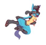  2014 3_toes absurd_res action_pose ambiguous_gender anthro barefoot black_hair feet hair hi_res lucario nintendo open_mouth pawpads pok&eacute;mon pok&eacute;mon_(species) pose red_eyes salanchu signature simple_background solo spikes toes video_games 