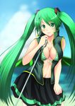  absurdres bad_id bad_pixiv_id bikini blush breasts cleavage cloud day green_eyes green_hair h@lki_(sirakawa-haru) hatsune_miku highres large_breasts long_hair looking_at_viewer microphone microphone_stand navel open_clothes open_shirt shirt skirt sky solo striped striped_bikini swimsuit twintails very_long_hair vocaloid 