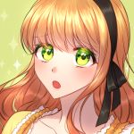  black_hairband blonde_hair blush commission green_background green_eyes hairband hsmoji looking_at_viewer lowres portrait simple_background solo 