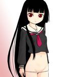  bangs black_hair black_serafuku blunt_bangs enma_ai hime_cut jigoku_shoujo long_hair long_sleeves lowleg lowleg_panties no_pants panties red_eyes school_uniform serafuku solo standing underwear very_long_hair white_panties yuuichi_(tareme_paradise) 