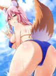  1girl :q \m/ animal_ear_fluff animal_ears arima_kouichi ass bangs bikini blue_bikini breasts cameltoe day erect_nipples fate/grand_order fate_(series) fox_ears fox_girl fox_tail from_behind hair_between_eyes large_breasts light_rays long_hair looking_at_viewer looking_back outdoors pink_hair side-tie_bikini sky slit_pupils solo swimsuit tail tamamo_(fate)_(all) tamamo_no_mae_(fate) tamamo_no_mae_(swimsuit_lancer)_(fate) tongue tongue_out wading water wet wet_clothes yellow_eyes 