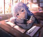  1girl absurdres bangs blue_eyes cheek_press classroom closed_mouth crossed_arms desk dfd elbow_rest elbows_on_table eyebrows_visible_through_hair hair_between_eyes head_rest hibiki_(kancolle) highres indoors kantai_collection long_hair looking_to_the_side silver_hair sitting verniy_(kancolle) 