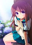  blush brown_hair flower highres holding hydrangea looking_at_viewer mikami_mika original purple_eyes school_uniform sitting skirt smile solo towel 