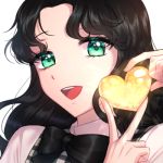  :d aqua_eyes black_bow black_hair bow commission heart holding_heart hsmoji long_hair lowres open_mouth original portrait simple_background smile solo v white_background 