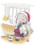  1girl :d alcohol asashimo_(kantai_collection) beer beer_mug blue_bow blue_neckwear blush bow bowl bowtie chopsticks closed_eyes cup doll dress ebifly foam food fur-trimmed_headwear grey_hair hair_over_one_eye hat highres holding holding_cup holding_food kantai_collection long_hair long_sleeves mug one_eye_covered open_clothes open_mouth open_shirt red_dress red_headwear santa_hat sharp_teeth shirt skewer smile solo steam teeth upper_teeth white_shirt 