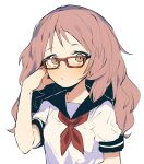  1girl black_sailor_collar blush closed_mouth copyright_request ddari glasses highres long_hair looking_at_viewer mie_(sukinako_ga_megane_wo_wasureta) neckerchief pink_hair red-framed_eyewear red_neckwear sailor_collar school_uniform serafuku shirt short_sleeves simple_background solo sukinako_ga_megane_wo_wasureta upper_body white_background white_shirt wide-eyed yellow_eyes 