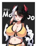  1girl 2021 animal_ears animal_print black_background black_hair breasts bright_pupils cleavage collarbone commentary_request cow_ears cow_horns cow_print eyebrows_visible_through_hair hand_in_hair haori highres horns huge_breasts japanese_clothes long_hair looking_at_viewer midriff multicolored_hair navel red_eyes revision short_hair simple_background smile solo sweat touhou two-tone_hair ushizaki_urumi welchsbinn white_hair wide_sleeves 