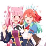  2girls :d absurdres anger_vein animal_ear_fluff animal_ears ascot bangs bare_shoulders blunt_bangs blush breasts cat_ears cat_girl cat_tail chicken_(food) closed_eyes commentary cosplay eyebrows_visible_through_hair fang felutiahime food gem gloves green_hair hair_ornament hair_ribbon hand_up highres holding holding_food hololive karyl_(princess_connect!) karyl_(princess_connect!)_(cosplay) large_breasts long_hair long_sleeves looking_at_another mori_calliope multicolored_hair multiple_girls open_mouth pecorine_(princess_connect!) pecorine_(princess_connect!)_(cosplay) pink_eyes pink_hair pink_nails princess_connect! princess_connect!_re:dive puffy_short_sleeves puffy_sleeves ribbon shirt short_sleeves simple_background skirt smile streaked_hair tail takanashi_kiara tiara upper_body virtual_youtuber white_background white_gloves white_hair white_shirt wide_sleeves 