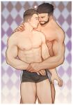  2boys abs absurdres bara beard black_hair black_male_underwear blush boxer_briefs bulge commission couple cropped_legs dungeon_and_fighter eye_contact facial_hair highres holding_hands interracial light_brown_hair looking_at_another male_focus male_priest_(dungeon_and_fighter) male_underwear multiple_boys muscular muscular_male nipples original pectorals peterhl short_hair smile thighs underwear underwear_only yaoi 