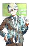  1boy blonde_hair brown_jacket brown_pants collarbone commentary_request cowboy_shot danganronpa_(series) danganronpa_2:_goodbye_despair eyepatch formal freckles green_background green_eyes grin hand_on_hip hand_up jacket jewelry kiri_(2htkz) kuzuryuu_fuyuhiko looking_at_viewer male_focus necktie pants ring shirt short_hair simple_background smile solo suit very_short_hair white_background white_shirt 