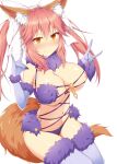  1girl animal_ear_fluff animal_ears blush breasts cleavage commentary_request commission cosplay dangerous_beast double_fox_shadow_puppet elbow_gloves eyebrows_visible_through_hair fate/grand_order fate_(series) fox_ears fox_girl fox_shadow_puppet fox_tail fur-trimmed_gloves fur-trimmed_legwear fur_collar fur_trim gloves hair_ribbon halloween halloween_costume highres lace-trimmed_legwear lace_trim large_breasts looking_at_viewer mash_kyrielight mizuki_(kogetsu-tei) nipples o-ring o-ring_top pink_hair purple_gloves purple_legwear revealing_clothes ribbon skeb_commission solo tail tamamo_(fate)_(all) tamamo_no_mae_(fate) white_ribbon yellow_eyes 