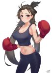  1girl absurdres boxing_gloves breasts brown_eyes brown_hair chouchou_(austin) cleavage crop_top dated fate/grand_order fate_(series) highres himiko_(fate) large_breasts long_hair midriff navel pants signature smile white_background 
