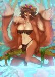  2019 balls breasts brown_hair canid canine flower fox genitals gynomorph hair hi_res intersex leonifa mammal multi_tail plant ryoko_(character) solo tree tribal_clothing water wreath yellow_eyes 