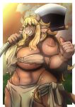  anthro axe big_breasts blonde_hair bovid bovine breasts cleavage clothed clothing ear_piercing ear_ring female gesture hair hi_res holding_object holding_weapon mammal melee_weapon muscular muscular_anthro muscular_female piercing sasanoha6011 scar smile solo thick_thighs thumbs_up weapon 