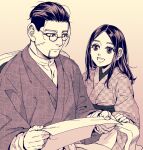  1boy 1girl :d alternate_costume asirpa black_eyes black_hair buttons chair closed_mouth collar collared_shirt commentary_request eye_contact facial_hair glasses golden_kamuy hair_slicked_back hair_strand highres holding holding_paper long_sleeves looking_at_another monochrome ogata_hyakunosuke open_mouth paper round_eyewear scar scar_on_cheek scar_on_face shirt short_hair simple_background sitting smile standing stubble tetsuko_gk traditional_clothes undercut upper_body white_shirt 