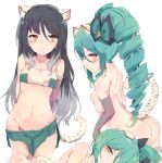  1girl ahokoo animal_ear_fluff animal_ears ass back bandeau bangs bare_shoulders black_hair blush breasts collarbone drill_hair elbow_gloves gloves gradient_hair green_hair high_ponytail long_hair looking_at_viewer lying miniskirt multicolored_hair multiple_views navel nipples nude on_side out_of_frame princess_connect! princess_connect!_re:dive shiori_(princess_connect!) skirt small_breasts smile striped_tail tail thighs tiger_ears tiger_girl tiger_tail yellow_eyes 