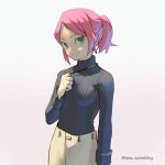  1girl bangs black_sweater breasts camia_(tess_something) commentary english_commentary forehead green_eyes hair_pulled_back highres holding holding_jewelry holding_necklace jewelry looking_at_viewer necklace original parted_bangs pink_hair portrait short_ponytail small_breasts solo standing sweater tess_something turtleneck turtleneck_sweater twitter_username white_background 