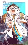  1boy :3 :d backpack bag black-framed_eyewear blue_neckwear collared_shirt commentary_request cowboy_shot danganronpa:_trigger_happy_havoc danganronpa_(series) dated fat fat_man glasses green_background hand_up happy_birthday kiri_(2htkz) long_sleeves looking_at_viewer male_focus necktie open_mouth orange_neckwear pointing round_eyewear shirt short_hair smile solo spiked_hair upper_body upper_teeth very_short_hair white_background white_shirt yamada_hifumi 
