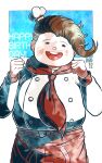  1boy apron blue_background blush_stickers bow brown_hair chef_hat commentary_request cowboy_shot danganronpa_(series) danganronpa_2:_goodbye_despair dated double-breasted facing_viewer fat fat_man hanamura_teruteru hands_up happy_birthday hat kiri_(2htkz) male_focus mini_hat neckerchief open_mouth red_apron red_bow simple_background smile solo star_(symbol) star_print upper_teeth 
