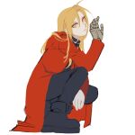  1boy absurdres ahoge bangs blonde_hair boots cbow closed_mouth coat edward_elric fullmetal_alchemist hand_up highres long_hair looking_at_viewer male_focus mechanical_arm parted_bangs prosthesis prosthetic_arm red_coat shirt simple_background smile solo white_background yellow_eyes 