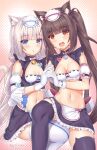  2girls animal_ears apron bangs bell bell_collar blue_eyes blush breasts brown_hair cat_ears cat_tail chocola_(nekopara) cleavage collar highres kaptivate long_hair looking_at_viewer maid maid_apron maid_headdress multiple_girls name_tag nekopara tail thighhighs vanilla_(nekopara) white_hair 