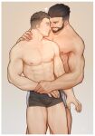  2boys abs absurdres bara beard black_hair black_male_underwear boxer_briefs bulge commission couple cropped_legs dungeon_and_fighter eye_contact facial_hair highres holding_hands light_brown_hair looking_at_another male_focus male_priest_(dungeon_and_fighter) male_underwear multiple_boys muscular muscular_male nipples original pectorals peterhl short_hair smile underwear underwear_only yaoi 