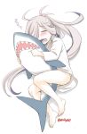  1girl asashimo_(kantai_collection) barefoot blush closed_eyes curled_up ebifly facing_viewer green_panties highres kantai_collection open_mouth panties sharp_teeth shirt simple_background sleeping solo stuffed_animal stuffed_shark stuffed_toy teeth toenails twitter_username underwear white_background white_shirt 