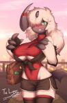  absol anthro bag big_breasts blush breasts bridge city claws clothing female fluffy fur green_eyes hi_res huge_breasts name_tag nintendo outside phone pok&eacute;mon pok&eacute;mon_(species) red_clothing samsung solo sunset video_games white_body white_fur zinfyu 