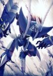  2020 5_fingers anthro armor biped blue_armor blue_body darkdramon digimon digimon_(species) dragon fingers hair humanoid_hands lance nakamofu open_mouth red_hair signature solo tagme teeth tongue 