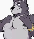  2020 2d_animation adastra adastra_(series) amicus_(adastra) animated anthro bracelet canid canine canis chest_rub echo_project fur grey_background grey_body grey_fur haps jewelry looking_down loop male mammal multicolored_body multicolored_fur muscular muscular_anthro muscular_male nipples pecs rubbing short_playtime simple_background solo two_tone_body two_tone_fur video_games visual_novel wolf 