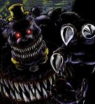  2015 abstract_background animatronic anthro big_body big_head big_tongue black_background black_ears black_nose black_tongue bodily_fluids bow_tie button_(disambiguation) claws close-up clothing detailed dilated_pupils fingers five_nights_at_freddy&#039;s five_nights_at_freddy&#039;s_4 glowing glowing_eyes grey_background hat headgear headwear looking_at_viewer machine male mammal nightmare_(fnaf) nitorou open_mouth portrait reaching_towards_viewer red_eyes robot round_ears saliva scary sharp_claws sharp_teeth simple_background smile solo stomach_mouth teeth thick_tongue tongue tongue_out top_hat ursid video_games wire yellow_background 