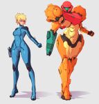  1girl adapted_costume arm_cannon armor blue_bodysuit blue_eyes bodysuit breasts clenched_hand commentary dual_persona earpiece english_commentary full_body gun handgun height_difference highres holding holding_gun holding_weapon justrube knee_pads long_legs medium_breasts medium_hair messy_hair metroid paralyzer pauldrons pistol power_suit redesign samus_aran short_ponytail shoulder_armor shoulder_pads varia_suit weapon zero_suit 