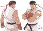  1boy ass back bara bare_arms bare_shoulders black_hair fingerless_gloves forked_eyebrows gentle2nd gloves hadouken headband male_focus multiple_views muscular muscular_male pectorals ryu_(street_fighter) shirt short_hair sleeveless sleeveless_shirt street_fighter street_fighter_ii_(series) thick_eyebrows torn_clothes torn_shirt white_shirt 