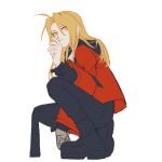  1boy absurdres ahoge bangs blonde_hair boots cbow closed_mouth coat edward_elric fullmetal_alchemist hand_up highres long_hair looking_at_viewer male_focus mechanical_arm parted_bangs prosthesis prosthetic_arm red_coat shirt simple_background solo white_background yellow_eyes 