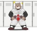  2021 anthro bottomwear brown_body brown_fur canid canine canis clothing domestic_dog erection eyes_closed fur genitals goujuyu hi_res humanoid_genitalia humanoid_hands humanoid_penis inside kemono locker_room male mammal pants penis shirt solo sport tenga tenga_egg topwear 