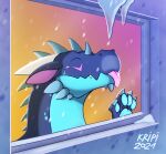  4_fingers blue_background blue_body blue_scales dragon eyes_closed feral fingers hi_res horn icicle kripi licking male multicolored_body multicolored_scales on_glass scafen_(character) scales scalie simple_background snow snowing solo spikes tongue tongue_out western_dragon window 