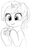  2019 anthro cookie eating equid equine fan_character female food freckles friendship_is_magic fur hasbro hi_res horn horse mammal monochrome my_little_pony pony sign_(character) simple_background smile solo unicorn zippysqrl 