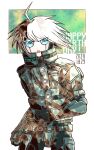  1boy :o ahoge android armor bangs black_gloves blue_eyes colored_skin commentary_request cowboy_shot danganronpa_(series) danganronpa_v3:_killing_harmony dated gloves green_background happy_birthday keebo kiri_(2htkz) looking_at_viewer male_focus open_mouth short_hair solo spiked_hair white_background white_hair white_skin 