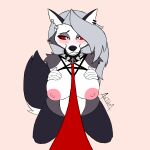  1:1 anthro areola astom big_breasts blush breasts canid canid_demon canine canis clothed clothing collar demon domestic_dog female fur grey_body grey_fur hair hand_on_breast hellhound helluva_boss hi_res huge_breasts intersex intersex/female leash leash_pull leggings legwear looking_at_viewer loona_(vivzmind) mammal nipples nude partially_clothed pink_nipples red_eyes red_sclera simple_background solo solo_focus spiked_collar spikes white_body white_eyes white_fur wolf 
