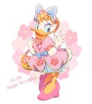  2017 4_fingers accessory anatid anseriform anthro avian bird blonde_hair bracelet clothing daisy_duck disney dress duck english_text eyeshadow female fingers footwear hair hair_accessory hair_bow hair_ribbon high_heels jewelry kxxxta makeup open_mouth ribbons shoes solo text 