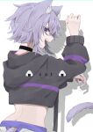  1girl ahoge animal_ear_fluff animal_ears back black_choker black_hoodie cat_ears cat_tail choker clothing_cutout commentary cowboy_shot english_text fangs food hair_between_eyes highres hololive hood hoodie light_purple_hair long_sleeves looking_at_viewer looking_back midriff nekomata_okayu onigiri open_mouth pants pochimoto purple_eyes shadow short_hair simple_background smile solo tail tail_cutout teeth virtual_youtuber white_background white_pants 